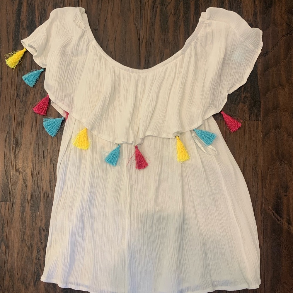 White Off The Shoulder Tassel Top
